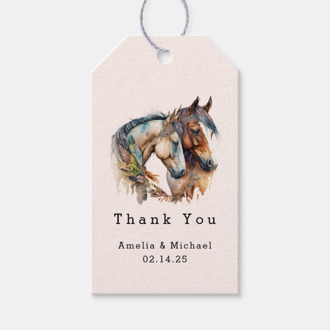 Étiquettes-cadeau Deux beaux chevaux Merci Mariage occidental (Devant)