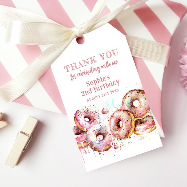 Étiquettes-cadeau Deux beignets roses douces fille 2e Merci d'annive (Créateur téléchargé)