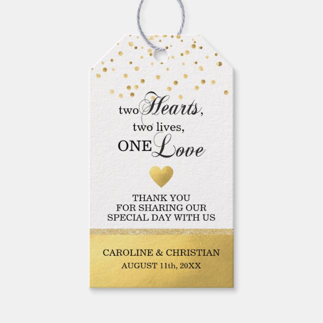 Étiquettes-cadeau Deux Coeurs Deux Vies Un Amour Blanc Mariage Or (Devant)