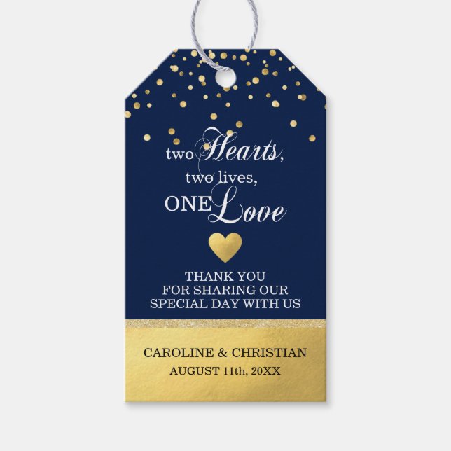 Étiquettes-cadeau Deux Coeurs Deux Vies Un Mariage d'Or Bleu Amour (Devant)