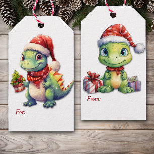 Étiquettes-cadeau Deux mignons Dinosaures verts de Santa Hat Noël