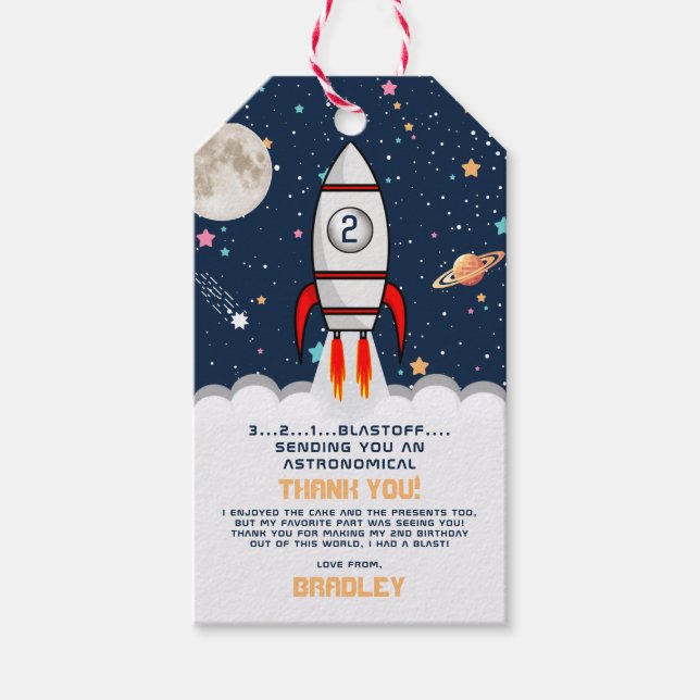 Étiquettes-cadeau Deux Moon Rocket Ship 2e fête d'anniversaire (Devant)