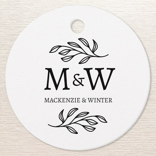 Étiquettes Cadeau Deux noms de monogramme Mariage Élégant Botanique (Modern wedding couple monogram initial names botanical leaf favor tag)