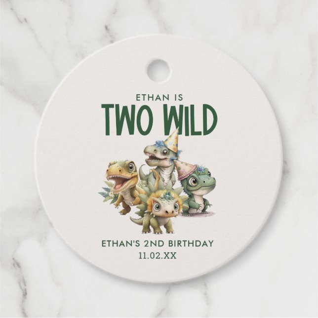 Étiquettes Cadeau Deux Wild Cute Dinosaur 2e fête d'anniversaire Fav (Devant)