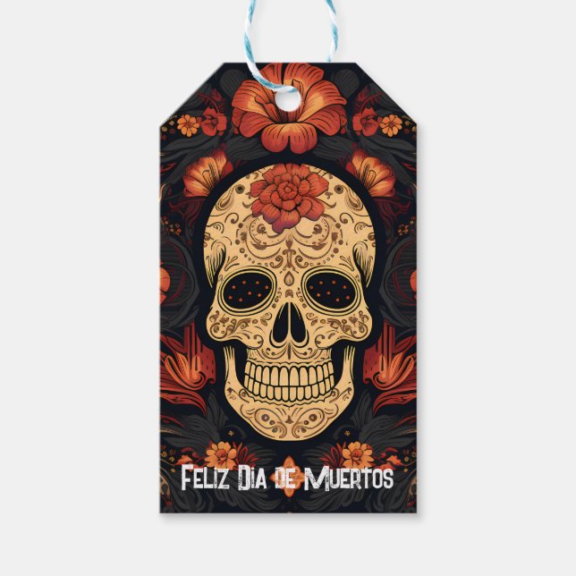 Étiquettes-cadeau Dia de Muertos ☠️ crâne à sucre (Devant)