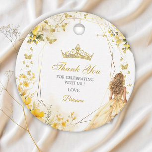 Étiquettes Cadeau Diadème Floral Jaune Doré Quinceañera Merci