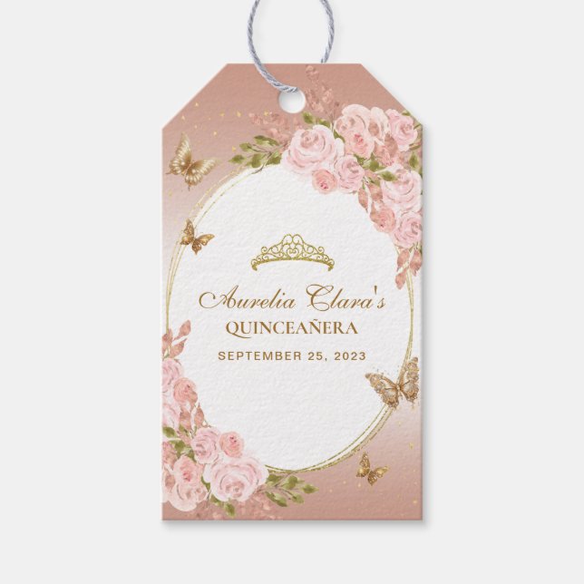 Étiquettes-cadeau Diadème Papillon Floral Rose Gold Quinceañera (Devant)