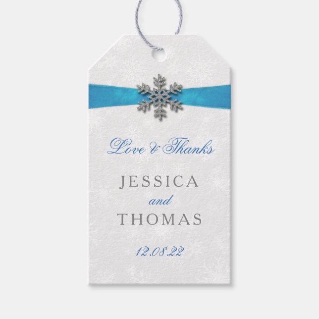 Étiquettes-cadeau Diamante Snowflake & Blue Ribbon Mariage d'hiver (Devant)