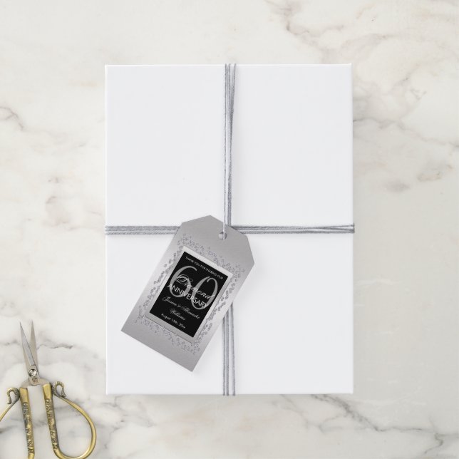 Étiquettes-cadeau Diamants d'argent élégant 60e anniversaire de Mari (Avec de la ficelle)
