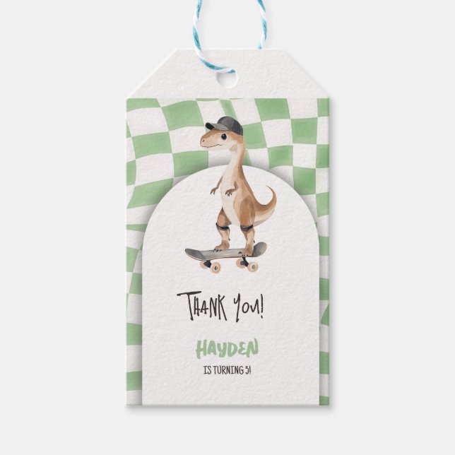 Étiquettes-cadeau Dinosaur Anniversaire Retro T Rex À damiers (Devant)