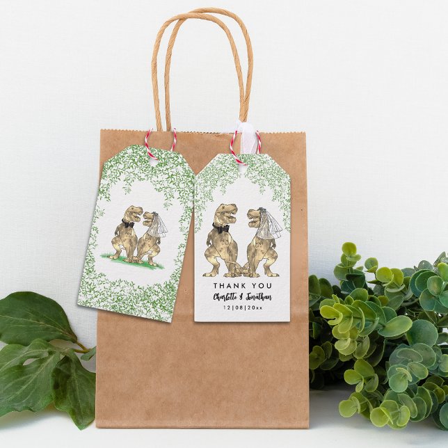 Étiquettes-cadeau Dinosaur Thème Mariage Merci (Dinosaur themed wedding thank you tag with funny T-Rex bride and groom)
