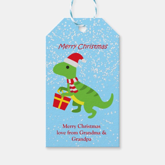 Étiquettes-cadeau Dinosaure mignonne festive TRex Blue Kids (Devant)