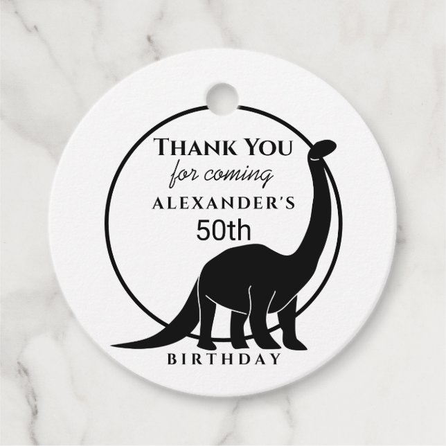 Étiquettes Cadeau Dinosaure noir et blanc 50e anniversaire Merci (Devant)