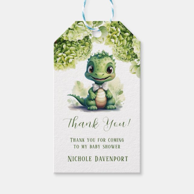 Étiquettes-cadeau Dinosaure vert Merci neutre floral (Devant)