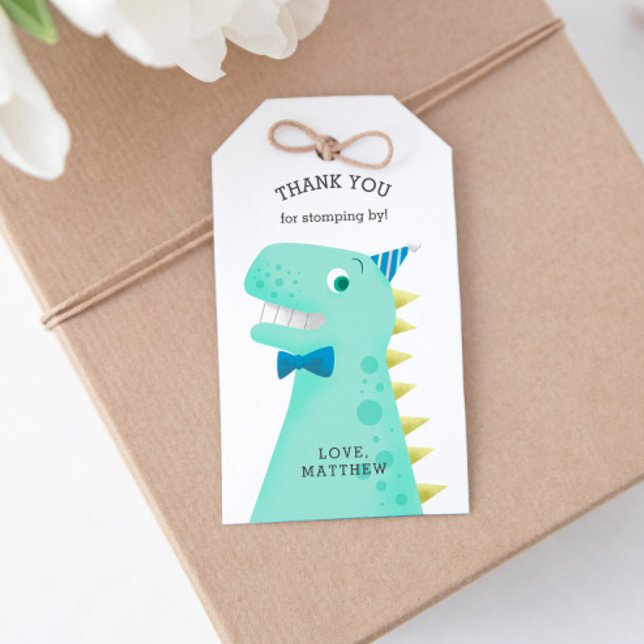 Étiquettes-cadeau Dinosaure Vert mignon Merci fête d'anniversaire Fa (Créateur téléchargé)