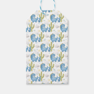 ÉTIQUETTES-CADEAU DINOSAURES BLEU ADORABLES & CACTUS VERT