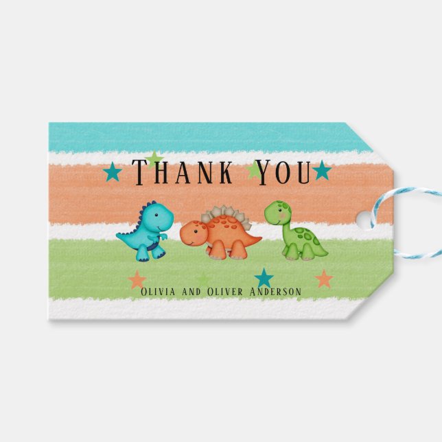 Étiquettes-cadeau Dinosaures mignons et étoiles Baby shower Merci (Devant (Horizontal))