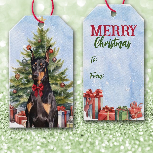 Étiquettes-cadeau Doberman Pinscher Chien arbre de Noël (Créateur téléchargé)