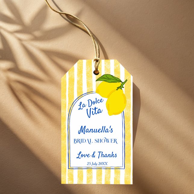 Étiquettes-cadeau Dolce vita citrons jaunes Italian enterrement de v (Dolce vita yellow stripes Lemons retro Italian bridal shower personalized favor Gift Tags)