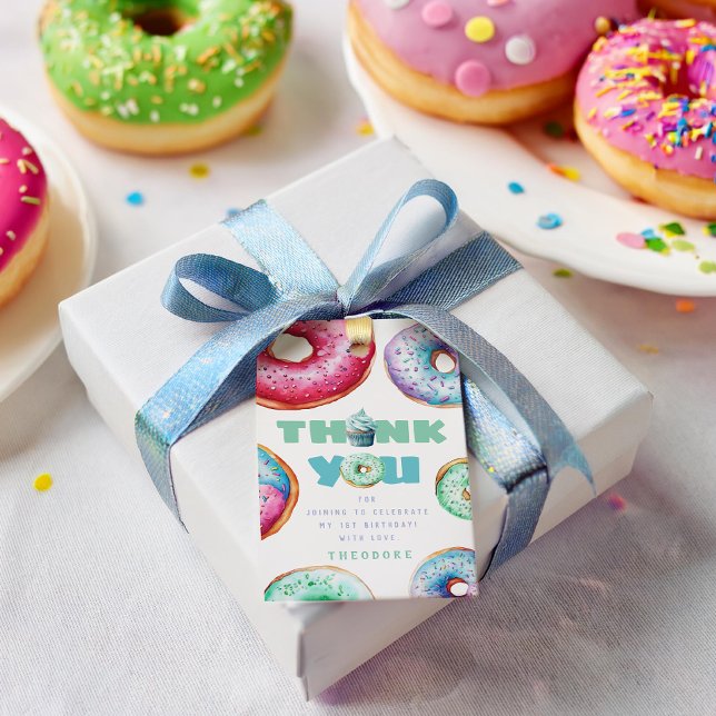 Étiquettes-cadeau Donut 1ère fête d'anniversaire garçon mignon Merci (Créateur téléchargé)