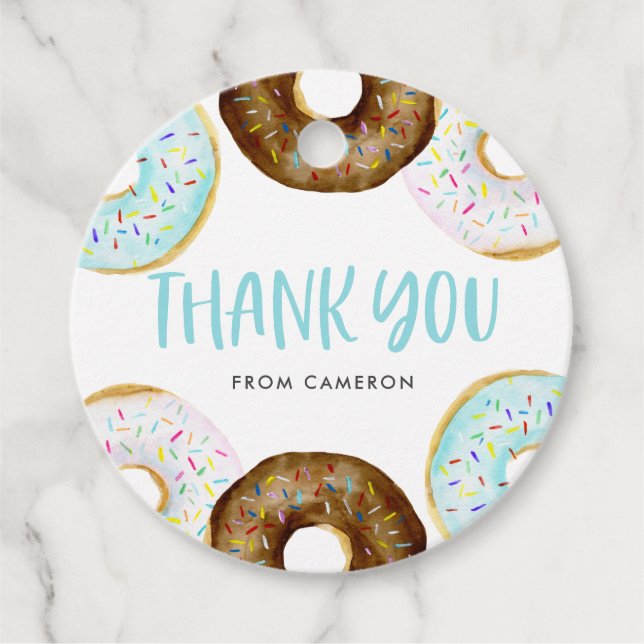 Étiquettes Cadeau Donuts bleus et chocolat Merci de fête d'anniversa (Devant)