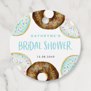 Étiquettes Cadeau Donuts Mariage Bleu et Chocolat avec Décorations