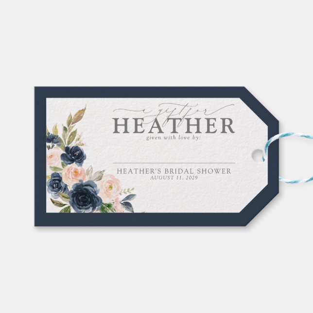 Étiquettes-cadeau Douchaute Mariage Fleurie Rose Pâle et Bleu Marine (Devant (Horizontal))