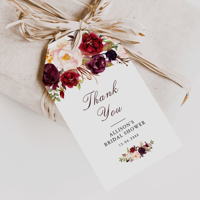 Étiquettes-cadeau douche à nuptiale fleurie bordeaux et rousses (Créateur téléchargé)