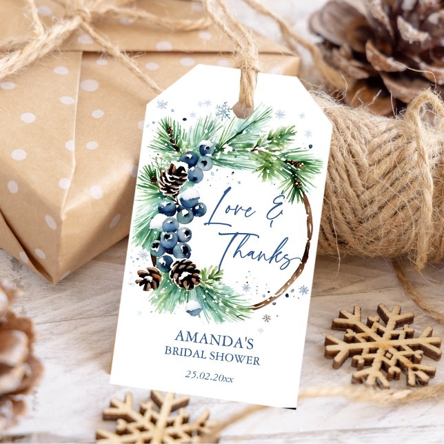 Étiquettes-cadeau Douche d'hiver nuptiale d'aquarelle de pins d'eau (Winter bridal shower watercolor pines wreath template favor gift tags thank you favor tags)