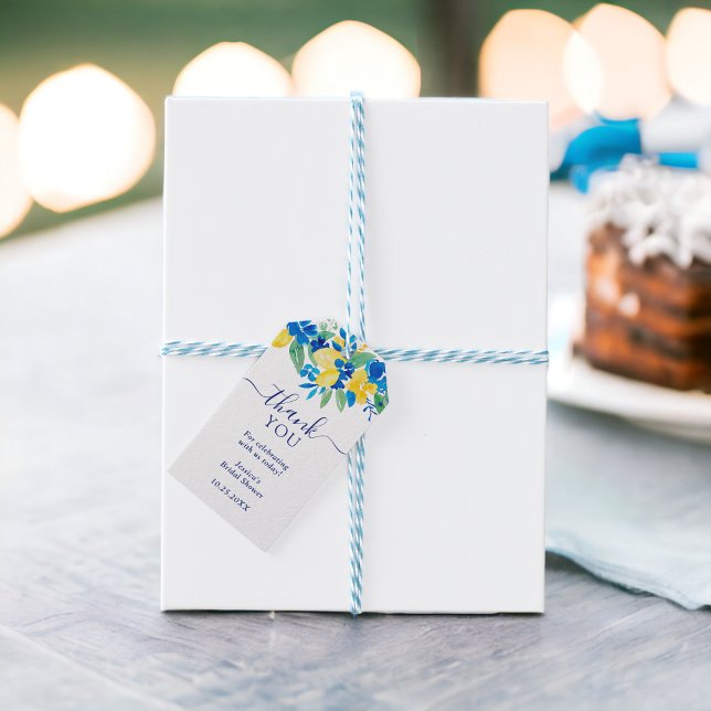 Étiquettes-cadeau Douche nuptiale fleurie citrons jaune bleu (Blue yellow lemons floral watercolor bridal shower gift tags)