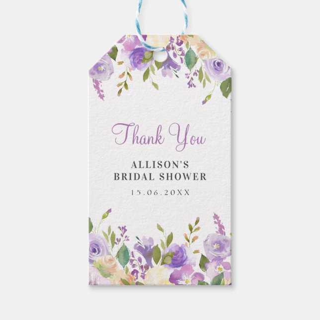 Étiquettes-cadeau Douche nuptiale fleurie violette aquarelle (Devant)