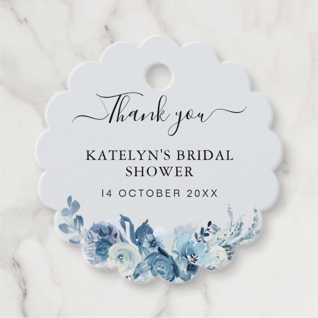 Étiquettes Cadeau douche nuptiale florale bleu poussiéreux merci (Devant)