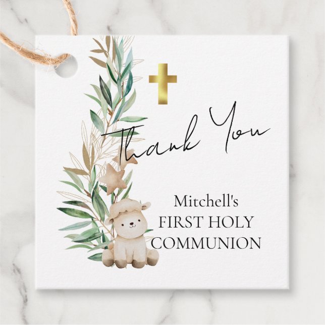 Étiquettes Cadeau Doux Petite Agneau Verdure Première Communion sain (Devant)