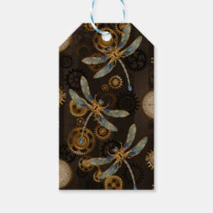 Étiquettes-cadeau Dragonflies de Steampunk sur arrière - plan rayé b