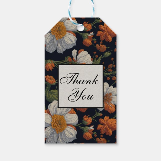 Étiquettes-cadeau Dramatique Orange blanc élégant fleurs rétro (Devant)