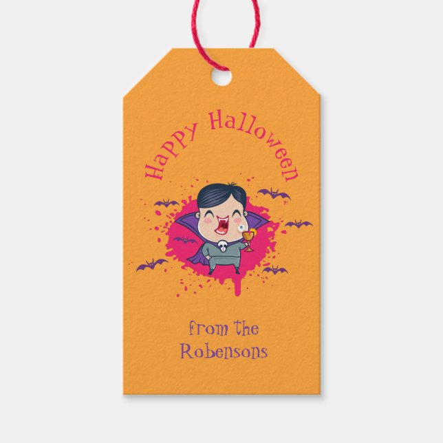 Étiquettes-cadeau Drapeau cadeau pour Halloween avec mignon vampire. (Devant)