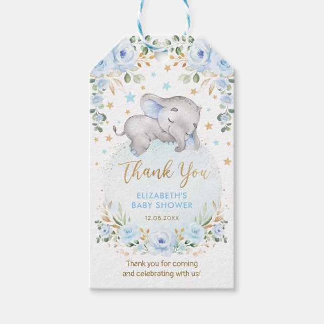 Étiquettes-cadeau Dreamy Baby Elephant Blue Gold Floral Moon Stars (Devant)