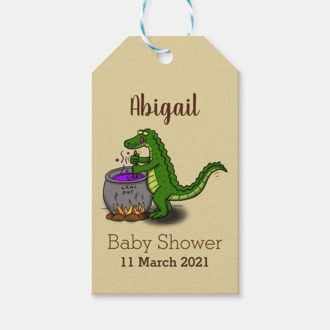 Étiquettes-cadeau Drôle alligator vert cuisine dessin animé (Devant)
