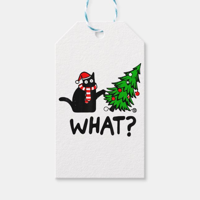 Étiquettes-cadeau Drôle cadeau de chat noir Poussant l'arbre de Noël (Devant)