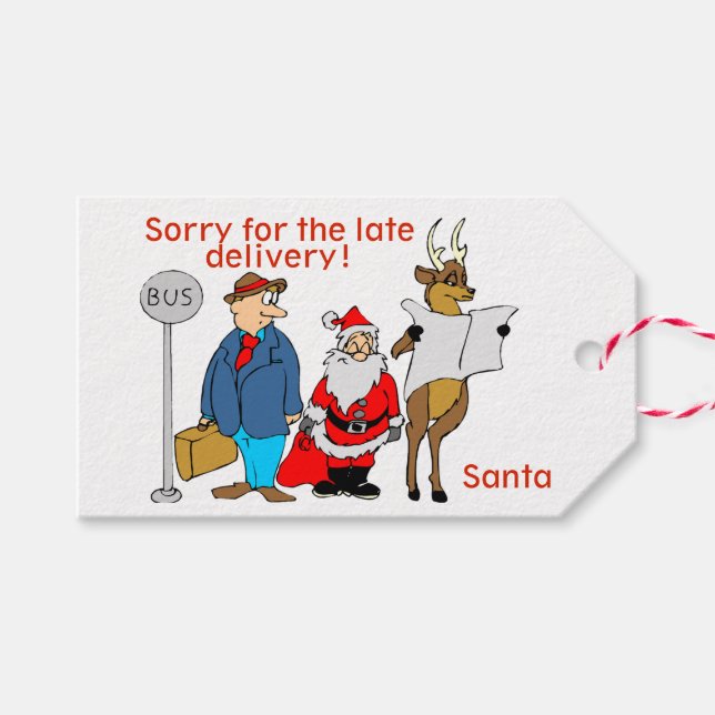 Étiquettes-cadeau Drôle Drôle Cartoon Père Noël Reindeer Retard Livr (Devant (Horizontal))