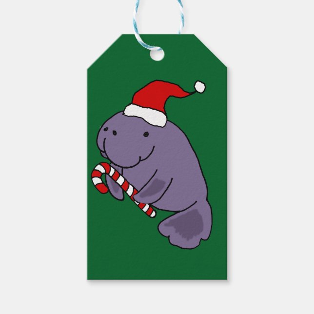 Étiquettes-cadeau Drôle Manatee à Santa Hat Caricature de Noël (Devant)