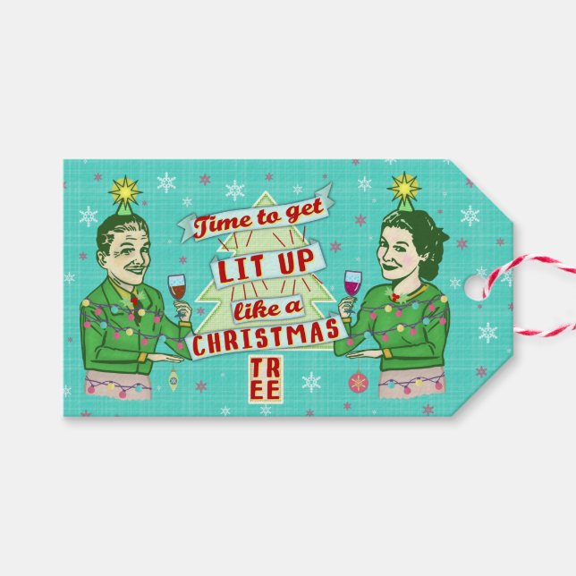 Étiquettes-cadeau Drôle Noël Rétro Boire Humour Couple Éclairé (Devant (Horizontal))