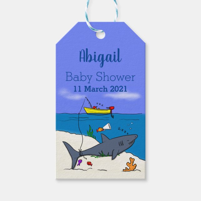 Étiquettes-cadeau Drôle requin couché et dessin animé de pêche (Devant)