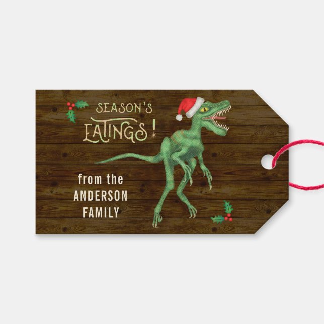 Étiquettes-cadeau Drôle Velociraptor de Noël Dinosaur Texte personna (Devant (Horizontal))