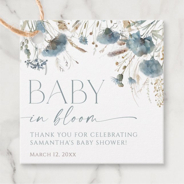 Étiquettes Cadeau Dusty bleu fleur sauvage bébé en fleurs garçon dou (Devant)