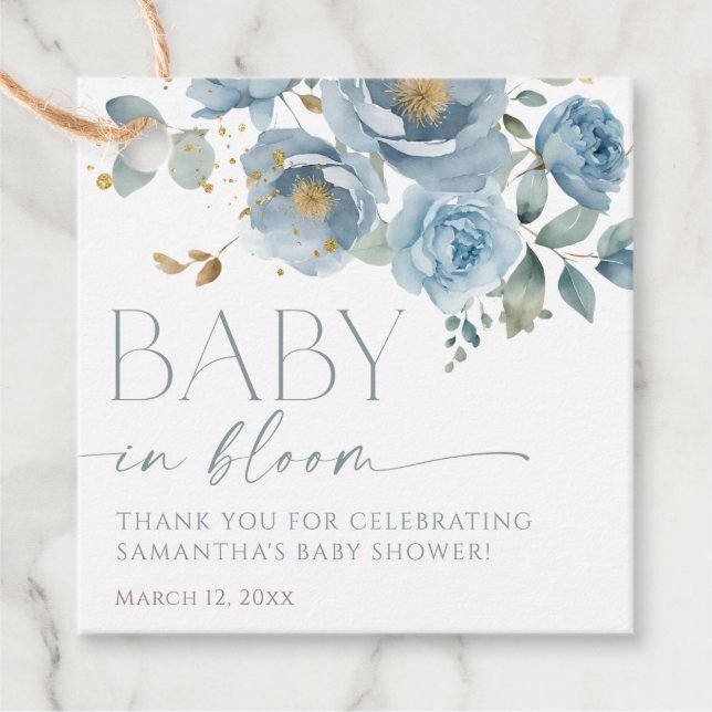 Étiquettes Cadeau Dusty bleu floral rose bébé en fleurs garçon douch (Devant)