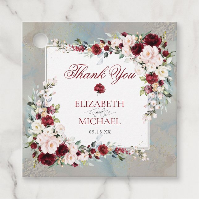 Étiquettes Cadeau Dusty Blue Bourgogne Blush Floral élégant mariage (Devant)