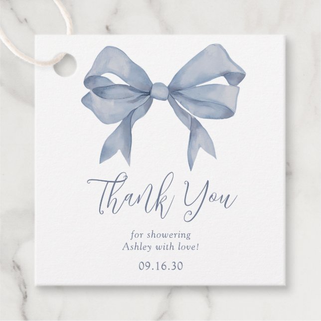 Étiquettes Cadeau Dusty Blue Bow Boy Baby shower Merci (Devant)