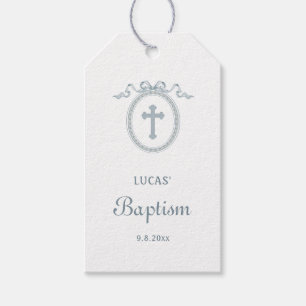 Étiquettes-cadeau Dusty Blue Bow Greek Frame Baptiser Tags cadeaux