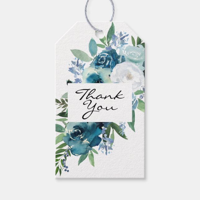 Étiquettes-cadeau Dusty Blue Floral 2 Merci - Blanc (Devant)